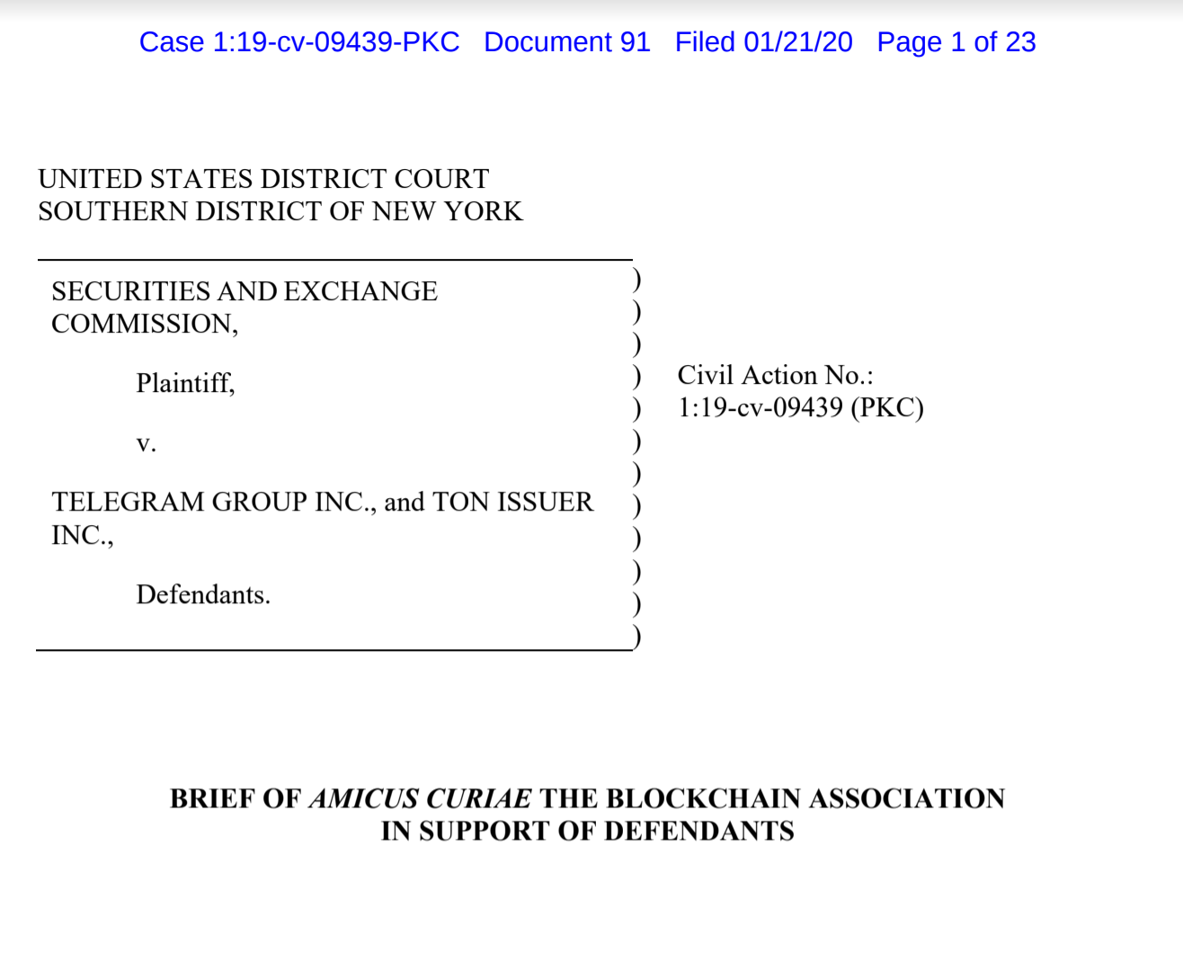 美国区块链协会支持Telegram，要求法院彻底驳回SEC诉讼配图(2)